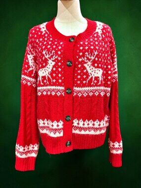 Old Navy Go Recycled Red Reindeer Fair Isle Nordic Christmas Cardigan Sweater L